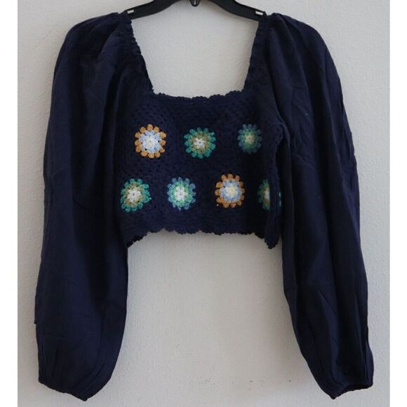 Aerie Women's Sz XS Boho Blue Crochet Granny Square Floral Puff Sleeve Crop Top - Picture 1 of 9